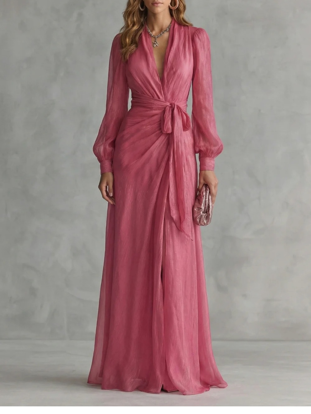Pink Wrap-Front Maxi Dress with Tie Waist